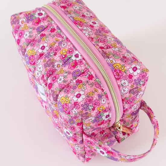 pink floral quilted makeup bag. made in canada