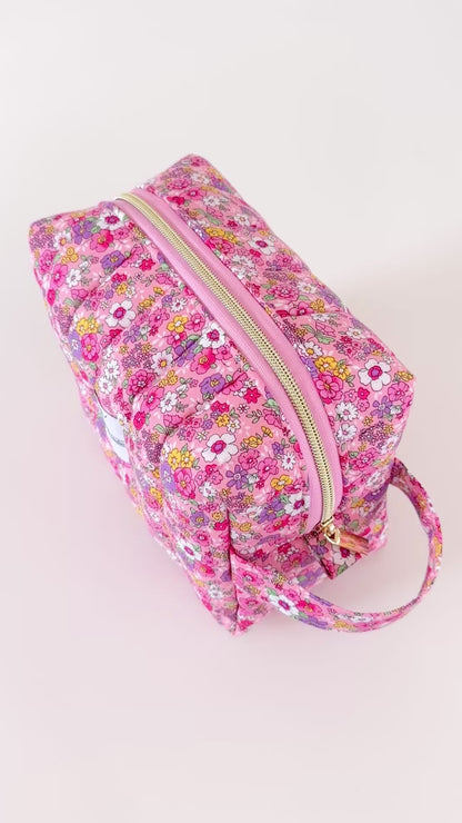 pink floral quilted makeup bag. made in canada