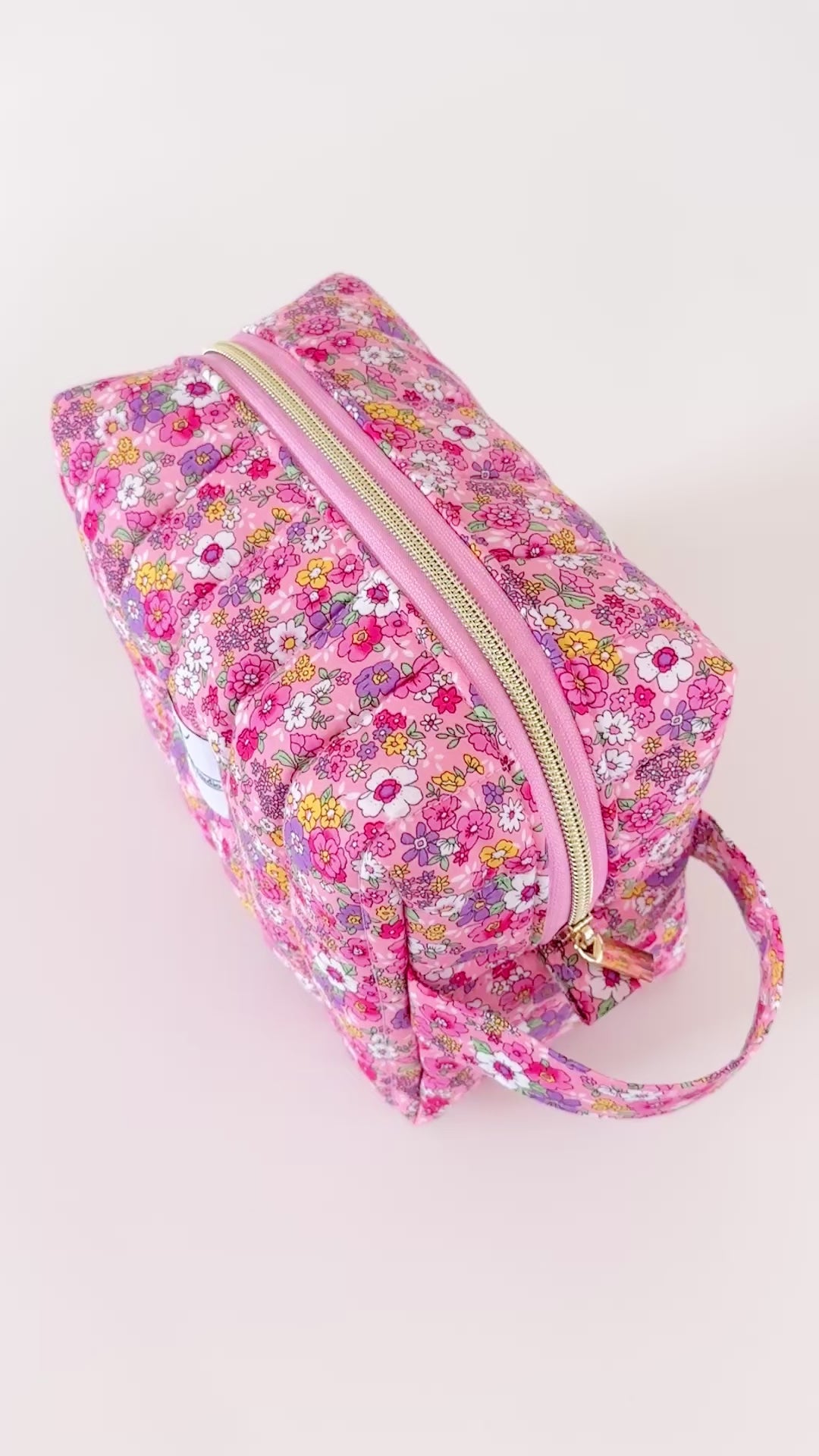 pink floral quilted makeup bag. made in canada