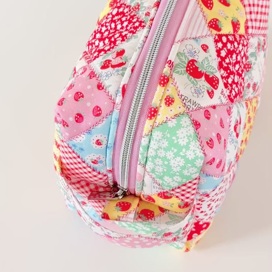 strawberry patchwork quilted makeup bag. made in canada