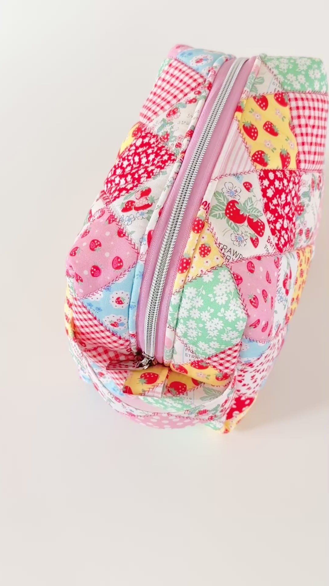 strawberry patchwork quilted makeup bag. made in canada