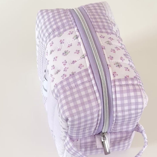 lilac purple quilted patchwork makeup bag. made in canada