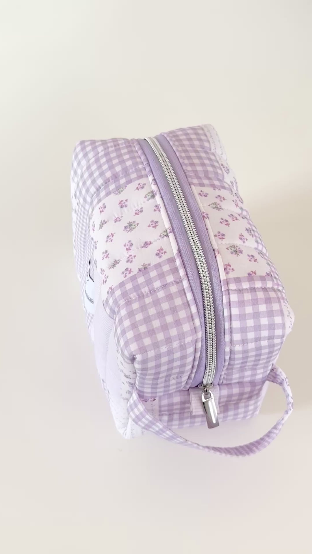 lilac purple quilted patchwork makeup bag. made in canada