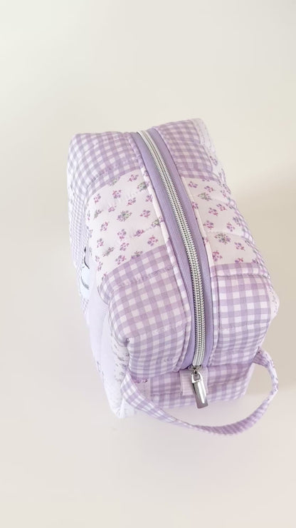 lilac purple quilted patchwork makeup bag. made in canada
