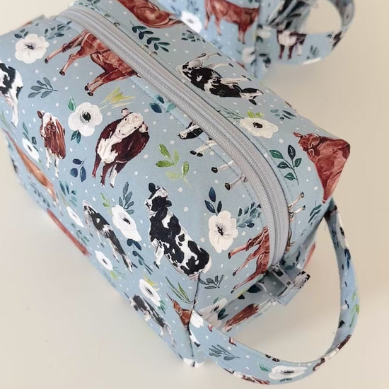 blue cow floral patterned cotton makeup cosmetic bags 