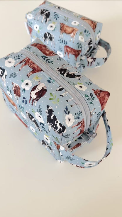 blue cow floral patterned cotton makeup cosmetic bags 