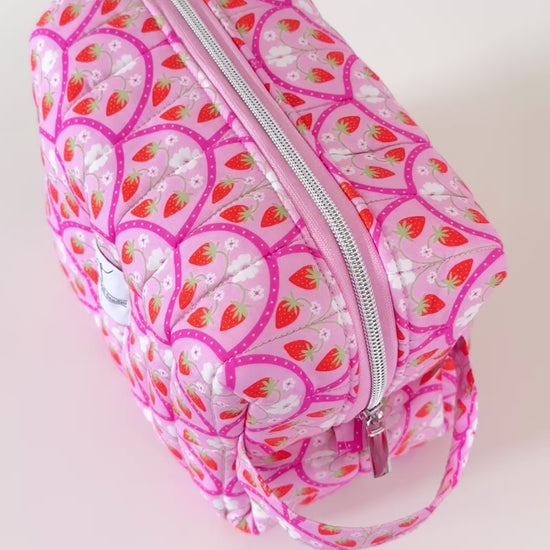 quilted pink strawberry makeup bag cosmetic pouch. made in canada. 