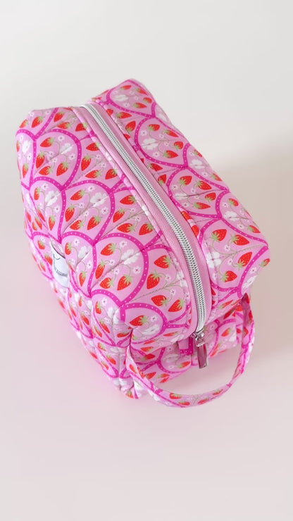 quilted pink strawberry makeup bag cosmetic pouch. made in canada. 