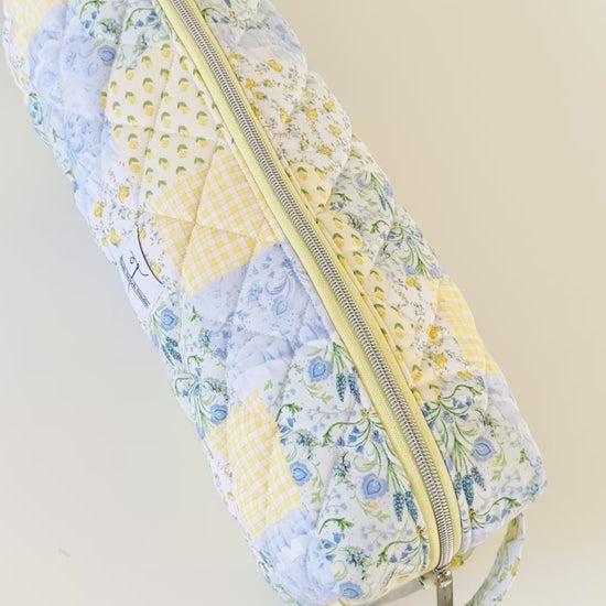 yellow patchwork quilted hair tool bag. made in canada