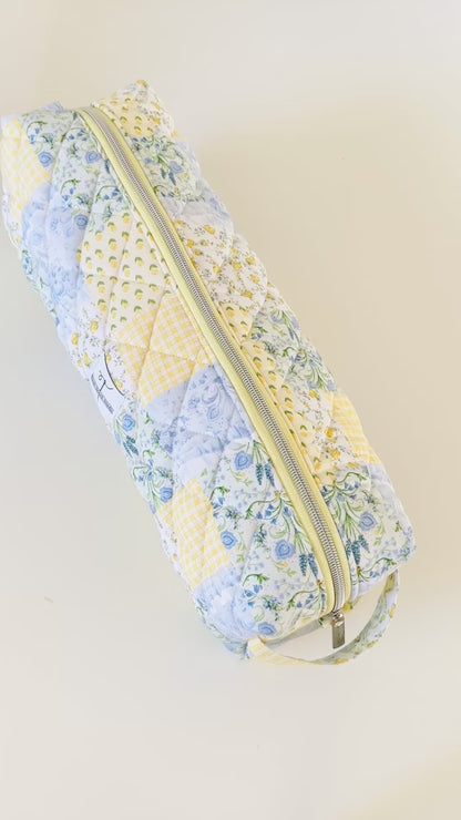 yellow patchwork quilted hair tool bag. made in canada