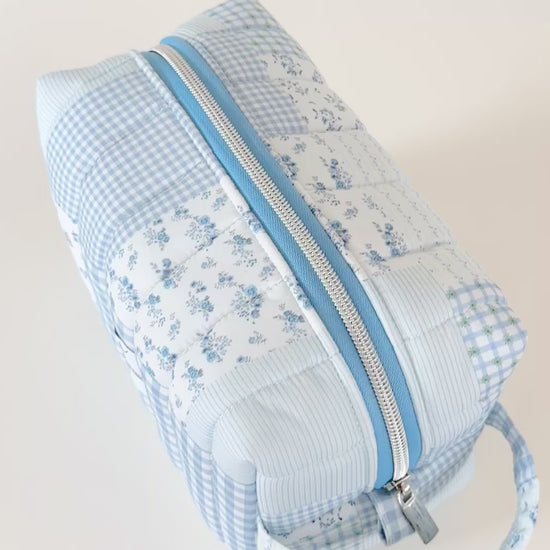 blue patchwork quilted makeup bag cosmetic pouch. made in canada. 