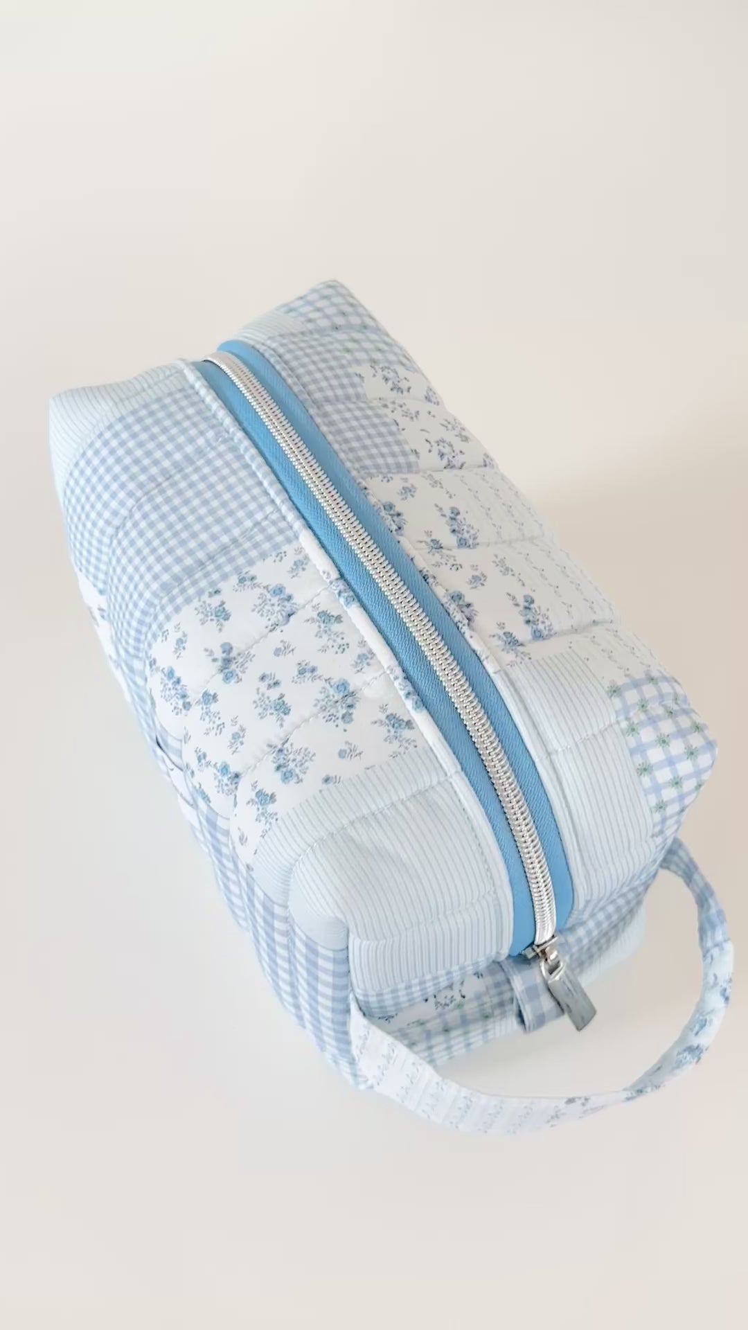 blue patchwork quilted makeup bag cosmetic pouch. made in canada. 