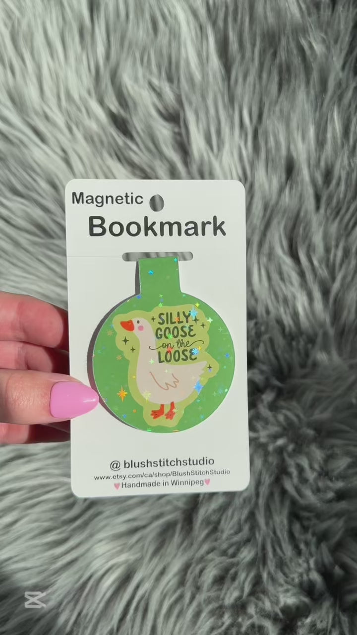 Magnetic bookmark with 'Silly Goose on the Loose' design held by a hand against a textured gray background